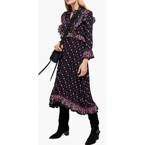 Free People Women Midi Dress Black Floral Calico‎ Skies Cottagecore Boho Sz S